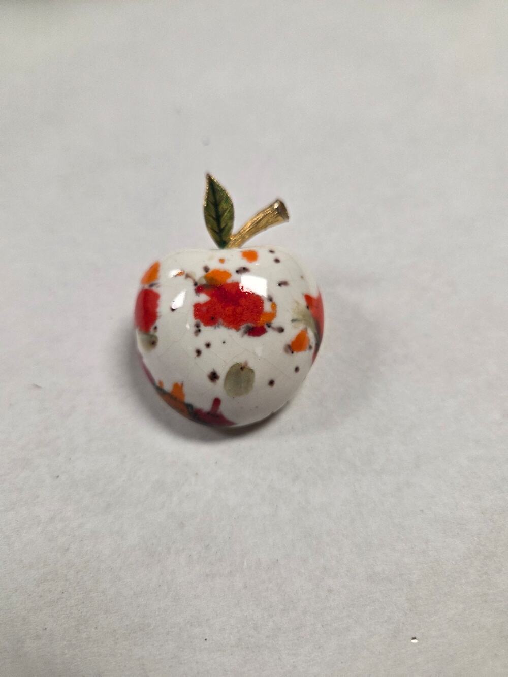 1960s Rene Ceramic Apple Brooch Pin Speckle White Red MCM Antique Vintage